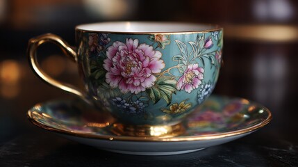 Elegant teacup and saucer with floral design on dark surface.