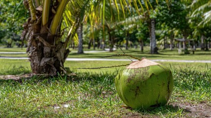 Fresh green coconut resting on grassy ground with palm trees background