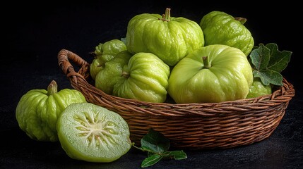 Fresh green guava fruit in a rustic wicker basket on a dark background