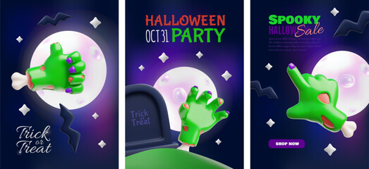 Obraz premium Happy Halloween spooky party 3D vector design set, creepy zombie green hand gestures, Trick or treat, Sale promotion