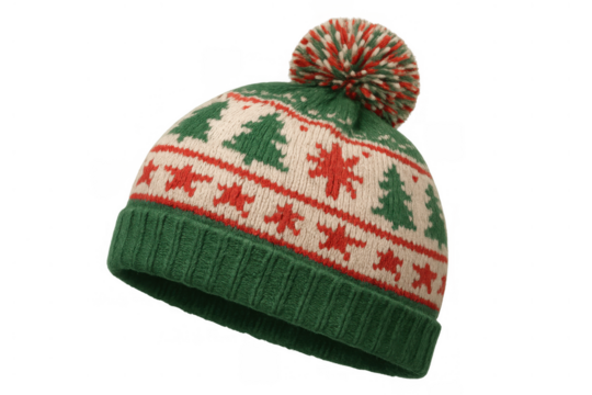 Knitted christmas beanie featuring festive tree and star patterns, a red and green pom-pom, cozy winter apparel