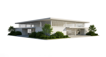 Contemporary white building features expansive glass walls and minimalist landscape design outside.