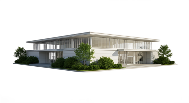 Contemporary white building features expansive glass walls and minimalist landscape design outside.