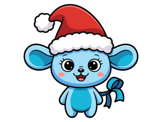 A cute cartoon mouse wearing a Santa hat with a blue ribbon on its tail is depicted against a white background.