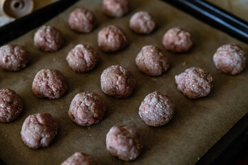 Raw homemade meatballs on baking tray, Baking in oven instead of frying. Healthy eating.