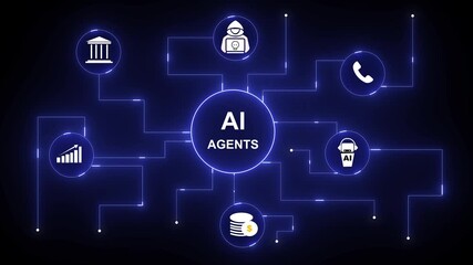 AI agents network connecting finance banking business growth customer service communication. AI agents in finance and business. Futuristic digital networks and data systems.4k video.. - Powered by Adobe