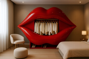 Glamorous bedroom design featuring oversized red lips wardrobe showcasing chic neutral clothing, modern interior decor with subtle lighting and stylish furnitu