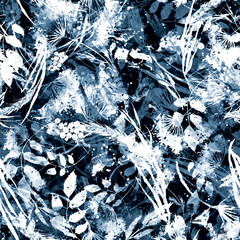 Vintage seamless watercolor pattern of plants, Herbs, flowers, poppy, rose, crocus, spike, cereal, wheat, dandelion.green, white flowers watercolor. stylish pattern. Abstract paint splash.Floral print