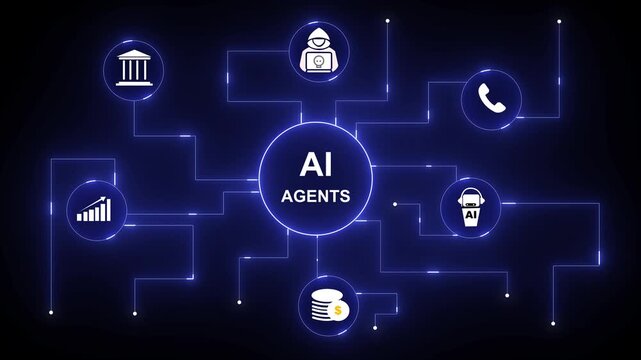 AI agents network connecting finance banking business growth customer service communication. AI agents in finance and business. Futuristic digital networks and data systems.4k video..