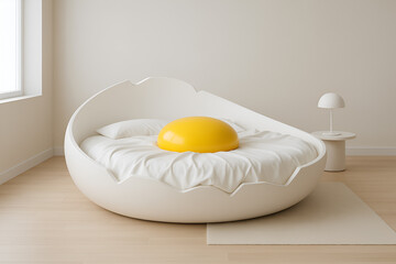 Unique bedroom decor idea featuring an egg shaped bed with a bright yellow yolk pillow for a playful and modern design, perfect for quirky spaces