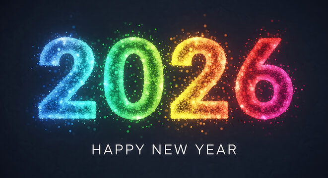 Sparkling 2026 happy new year wishes with colorful lights on a dark background