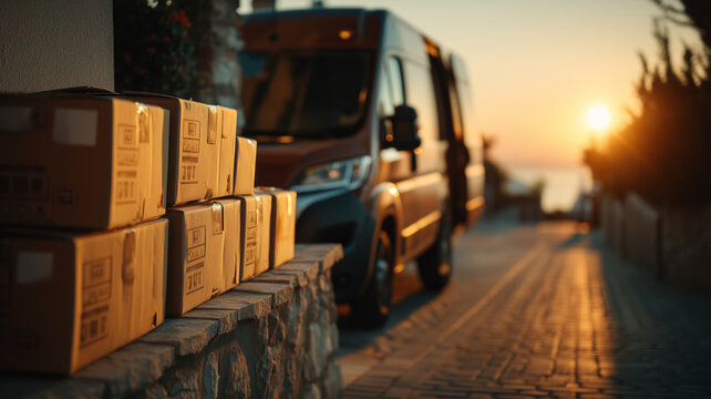 Delivery van unloading boxes at dusk in a serene coastal setting
