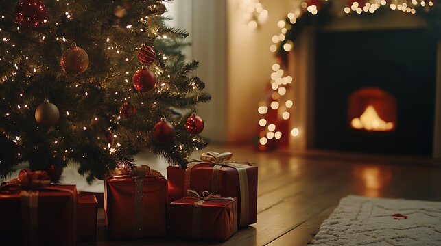 Magical christmas tree with sparkling lights fireplace in background and presents