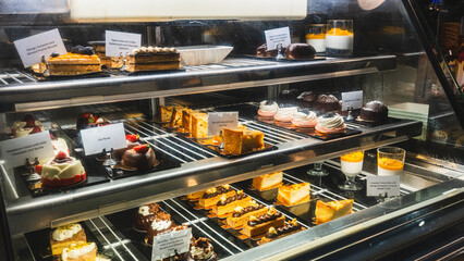 Beautiful cafe display case filled with exquisite pastries, cakes and desserts, ready to eat. Perfect for bakery promotions, cafe menus and food photography.