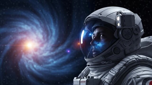 Astronaut in helmet looking at swirling galaxy in deep space