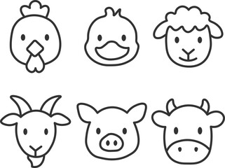 Minimalist line art icons of farm animals vector illustration isolated on a white background