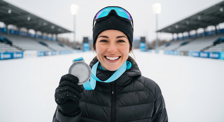 Smiling young caucasian woman holding winter sports medal at outdoor ice rink in cold weather. concept of achievement, winter sport, outdoor activity