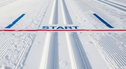 Cross-country ski trail start line on a snowy winter day. concept of outdoor sport, winter activity, fresh snow