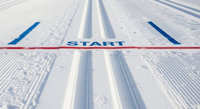 Cross-country ski trail start line on a snowy winter day. concept of outdoor sport, winter activity, fresh snow - Powered by Adobe