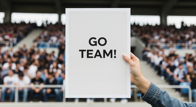 Close-up of hand holding sign with go team message in crowded sports stadium. concept of sports fan enthusiasm, supportive crowd, motivational message