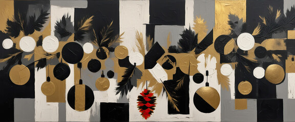 Vibrant abstract artwork featuring gold, black, and white circular ornaments, stylized palm leaves, and a pop of red pinecone.