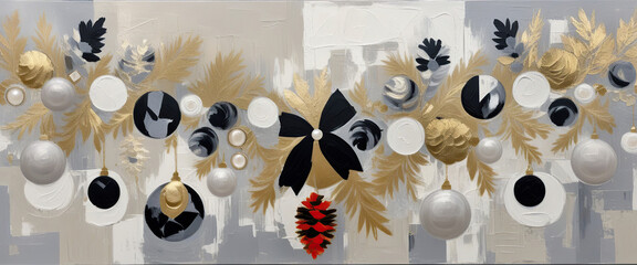 Holiday garland stretches across a muted backdrop, featuring silver and gold ornaments, pine cones, and a bold black bow. Elegant seasonal decor for Christmas, winter celebrations.