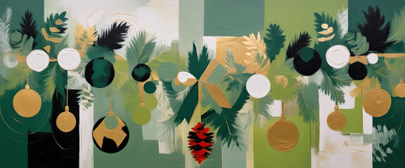 Abstract Green Holiday Decor With Ornaments And Pine Elements In Festive Arrangement.