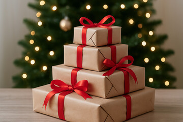 Obraz premium Christmas gift boxes stacked with red ribbons in front of decorated tree. concept of festive celebration, holiday spirit, gift exchange.