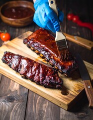 A person wearing a blue glove, basting barbecue ribs with sauce. The ribs are on a wooden cutting board with tomatoes, a knife, and a bowl of sauce.
