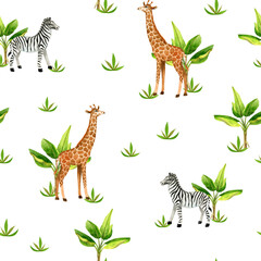Cute safari animals and banana tree seamless pattern illustration for children. Watercolor animals drawing background. Perfect for nursery posters, fabric, wallpapers.