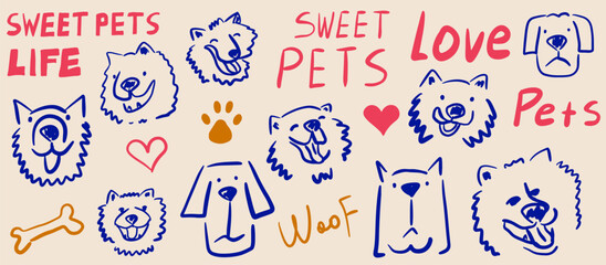 Sweet pets naive style set elements. Dog faces, paw print, bones. Trendy art poster, banner. Doodle collection