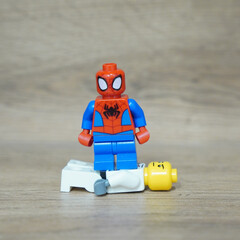 Naklejka premium Lego Spider-Man figure standing over another Lego figure on a wooden surface