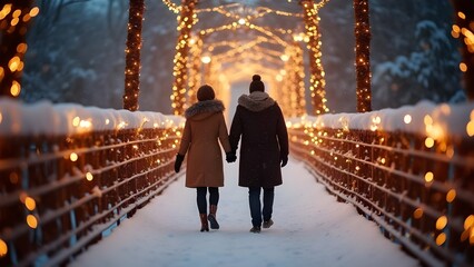 Romantic Couple Walking on Snowy Bridge with Christmas Lights – Luxury Winter Travel Concept.