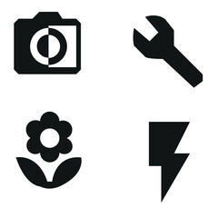 Bold, filled icon set: photography camera, settings wrench, flower, and lightning bolt. Versatile glyphs for media, tools, power, and nature interfaces.