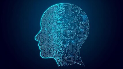 Outline of a human head composed of binary code and circuits - Powered by Adobe