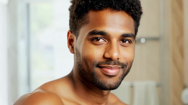 30 year old African American man in bathroom looking at camera and smiling. Body and skin care concept. Man in bathroom smiles brightly, embodying the results of his skin and body care.