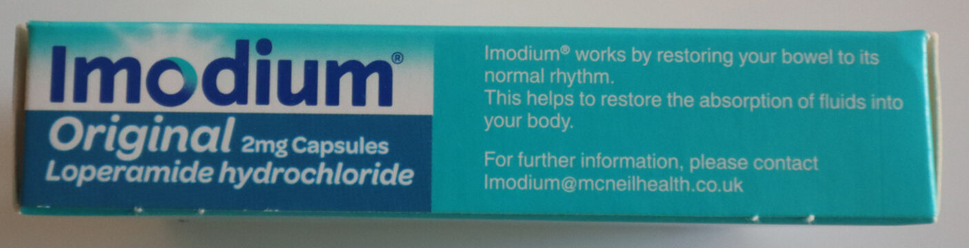 Imodium original 2mg capsules packaging, Norwich, England: 30 October 2025 over-the-counter medicine