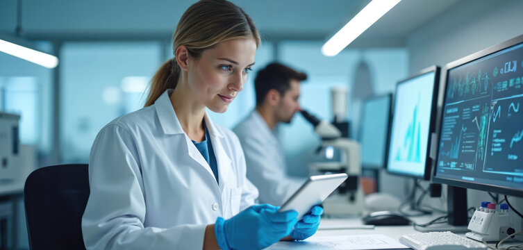 Scientist woman working on tablet computer in modern lab. Female researcher analyzes medical data for scientific experiment. In background man looks through microscope. Team works on biotech