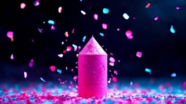 Colorful confetti falling in slow motion after a pink firework rocket explosion on a black background