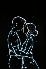 On a black background symbolizing the sky, silhouettes of a man and a woman in a contour of stars, they embrace each other