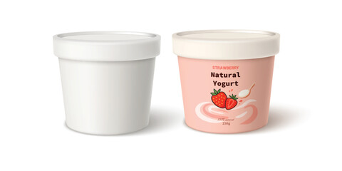 Set of empty plastic bucket mockup and container with label, strawberry yogurt, closed lids.