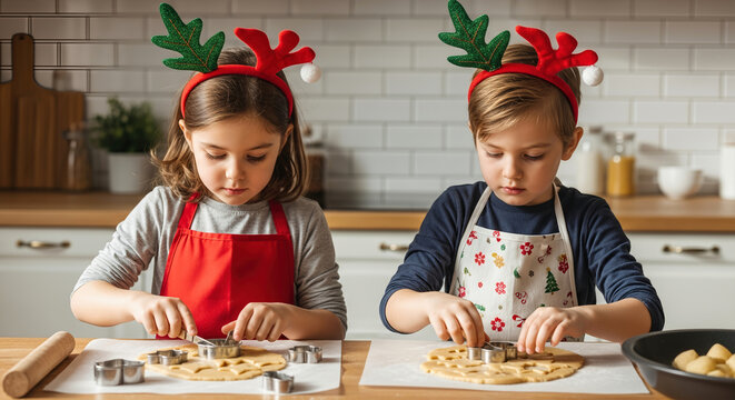 Children baking Christmas cookies in the kitchen wearing festive headbands. A warm scene of family and holiday cheer. Holiday baking, childhood memories, festive season.