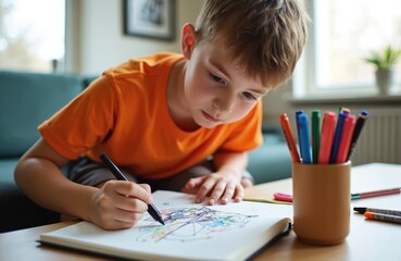 Young boy draws with felt tip pen in sketchbook at home. Child creates art with colorful markers, developing imagination and fine motor skills. Focus on creativity and education.