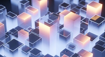 Glowing abstract geometric blocks create a modern, futuristic cityscape with vibrant energy