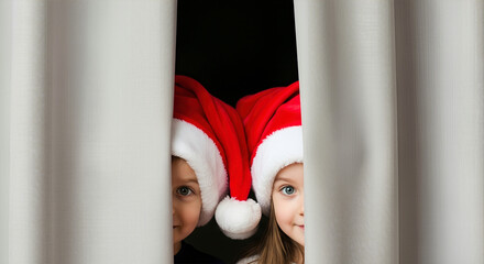 Two children wearing Santa hats peek through curtains. Festive portrait of playful anticipation. Christmas magic, holiday cheer, childhood joy.