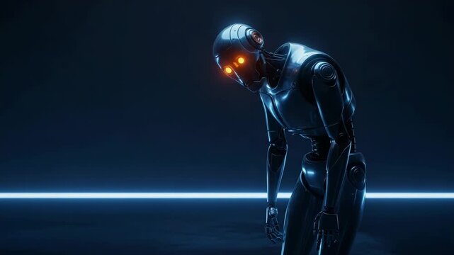 A futuristic robot with glowing orange eyes stands in darkness