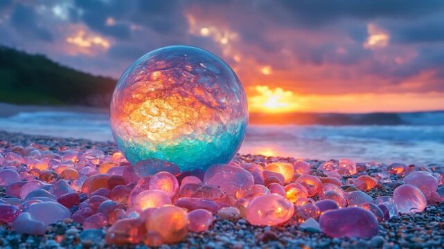 A vibrant glass sphere rests on a beach strewn with colorful stones at sunset.