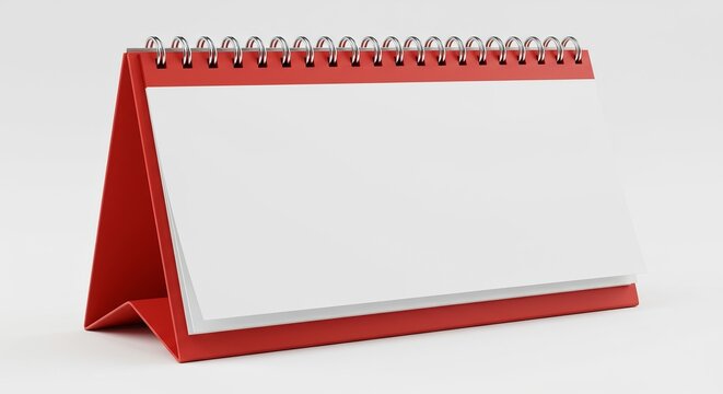 Blank red desk calendar mockup on white background - spiral bound desktop planner with empty pages for customization