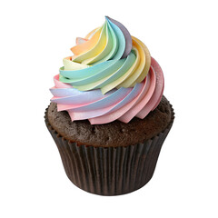 Realistic Chocolate Cupcake with Pastel Rainbow Frosting Swirl, Isolated on Transparent Background