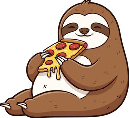 Naklejka premium Cute sloth eating pizza cartoon illustration, funny animal character vector, lazy sloth food artwork, playful design drawing, cad drawing flat vector illustration